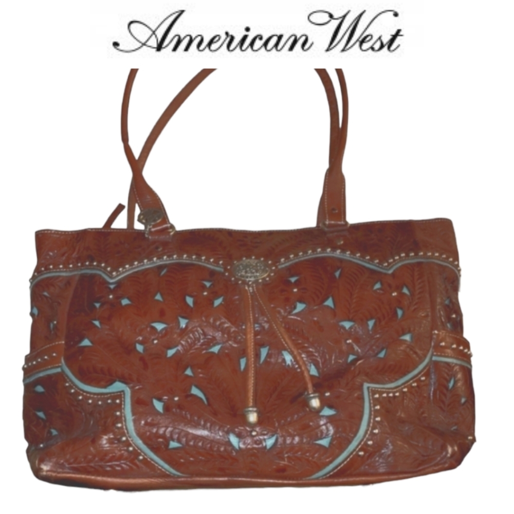 American West Brown Tooled Leather Shoulder Bag with Turquoise Accents